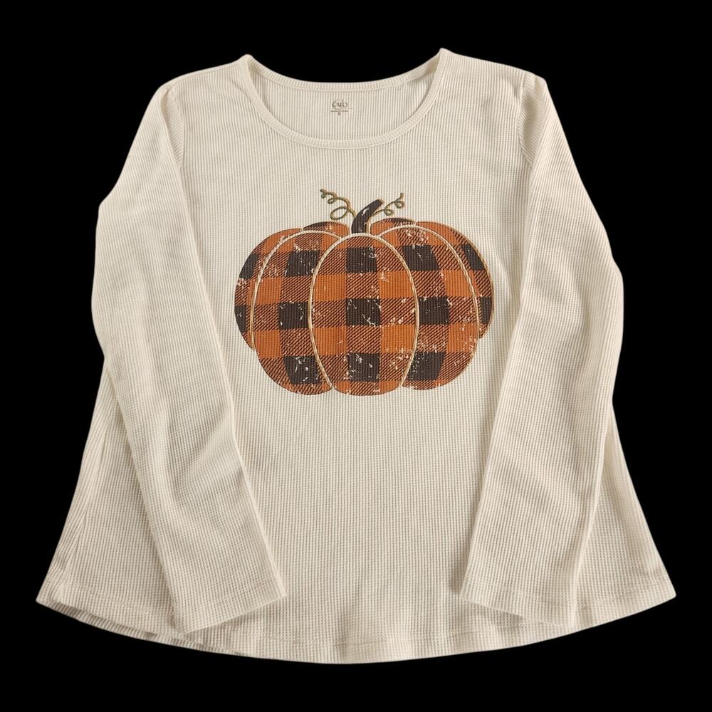 Cato Small Pumpkin Buffalo Plaid Waffle Knit Top Fall Cottagecore Grandmacore